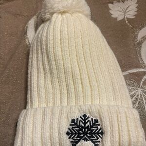 White Knit Beanie with Snowflake Design- adult size